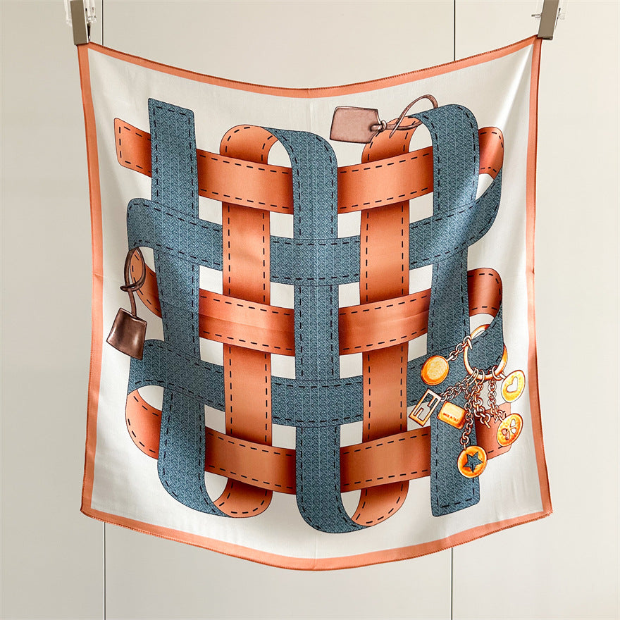 65cm Belt Pattern Mulberry Silk Scarf – Square Silk Shawl for Women, Elegant &amp; Versatile Accessory