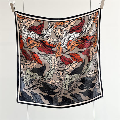 65cm Mulberry Silk Leaf Print Scarf – Double Crepe Square Shawl for Spring and Summer