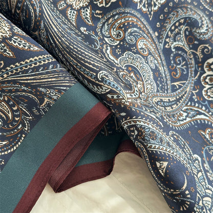 65cm Mulberry Silk Classic Paisley Scarf – Navy Blue Double Crepe Square Shawl for Spring &amp; Summer