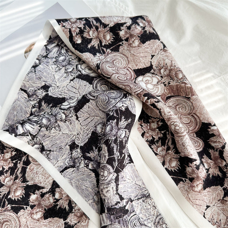 Camellia Double-Sided Mulberry Silk Scarf | Artistic Long Ribbon for Spring &amp; Summer