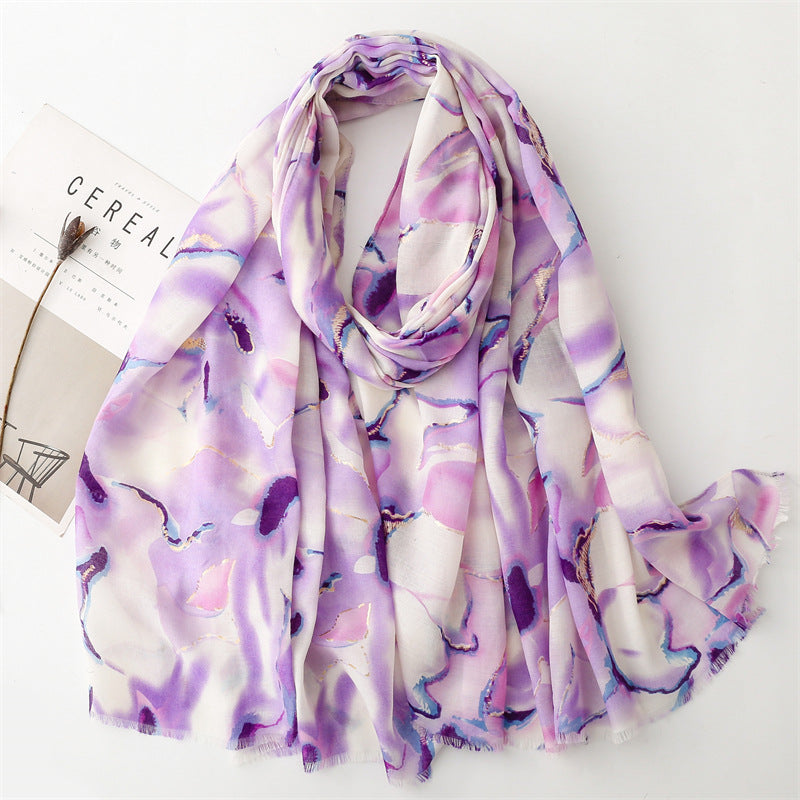 Autumn and winter cotton and linen feel scarf bronzing water flower ink painting rough edge  scarf warm shawl