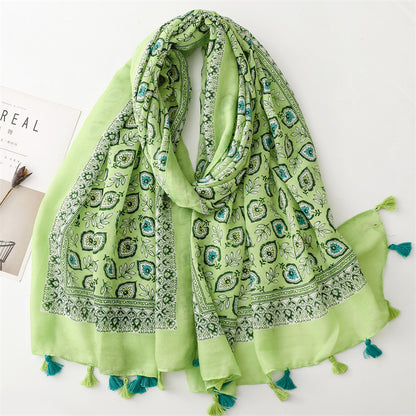Spring and summer new cotton and linen feel scarf celebrity style shell flower fringed  scarf warm shawl