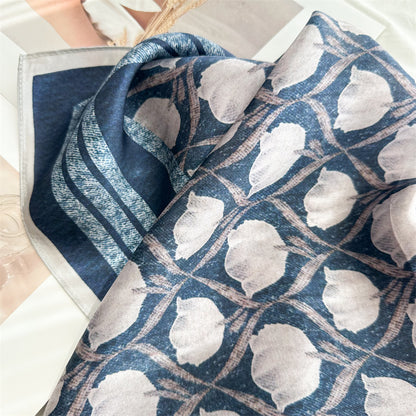 65cm Blue Lily of the Valley Mulberry Silk Scarf – Elegant Square Silk Shawl for Women, Fresh &amp; Versatile Accessory