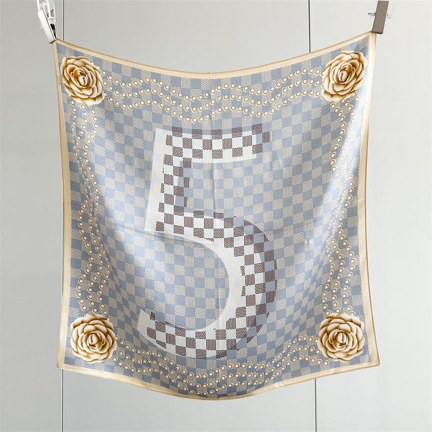 65cm Mulberry Silk Scarf – Digital 5 Grid Pattern Square Silk Shawl for Women, Elegant &amp; Versatile Accessory
