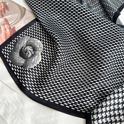 65cm Mulberry Silk Scarf – Plaid, Houndstooth &amp; Rose Print Double Crepe Square Shawl for Spring &amp; Summer