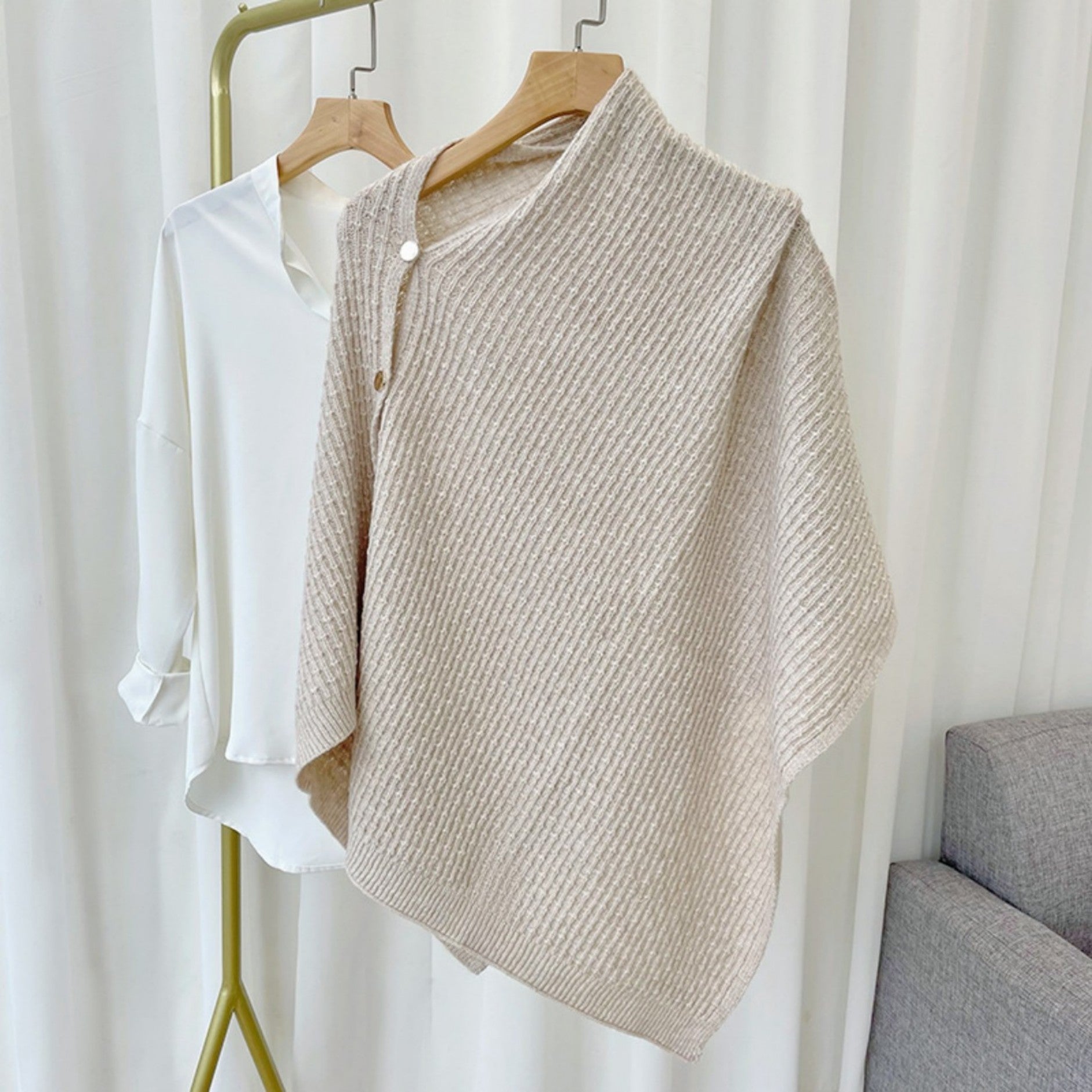 Knitted Plaid Shawl Cape with Buckle - Versatile and Warm Scarf Wrap for Women