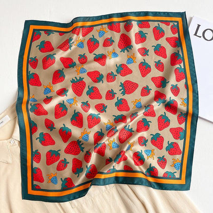 Schal aus 100 % Maulbeerseide/Kopftuch aus Seide/Haarschal aus Seide/Halstuch aus Seide/Bandana aus Seide/Taschenaccessoire/Geschenk für Sie/Graues Erdbeermuster
