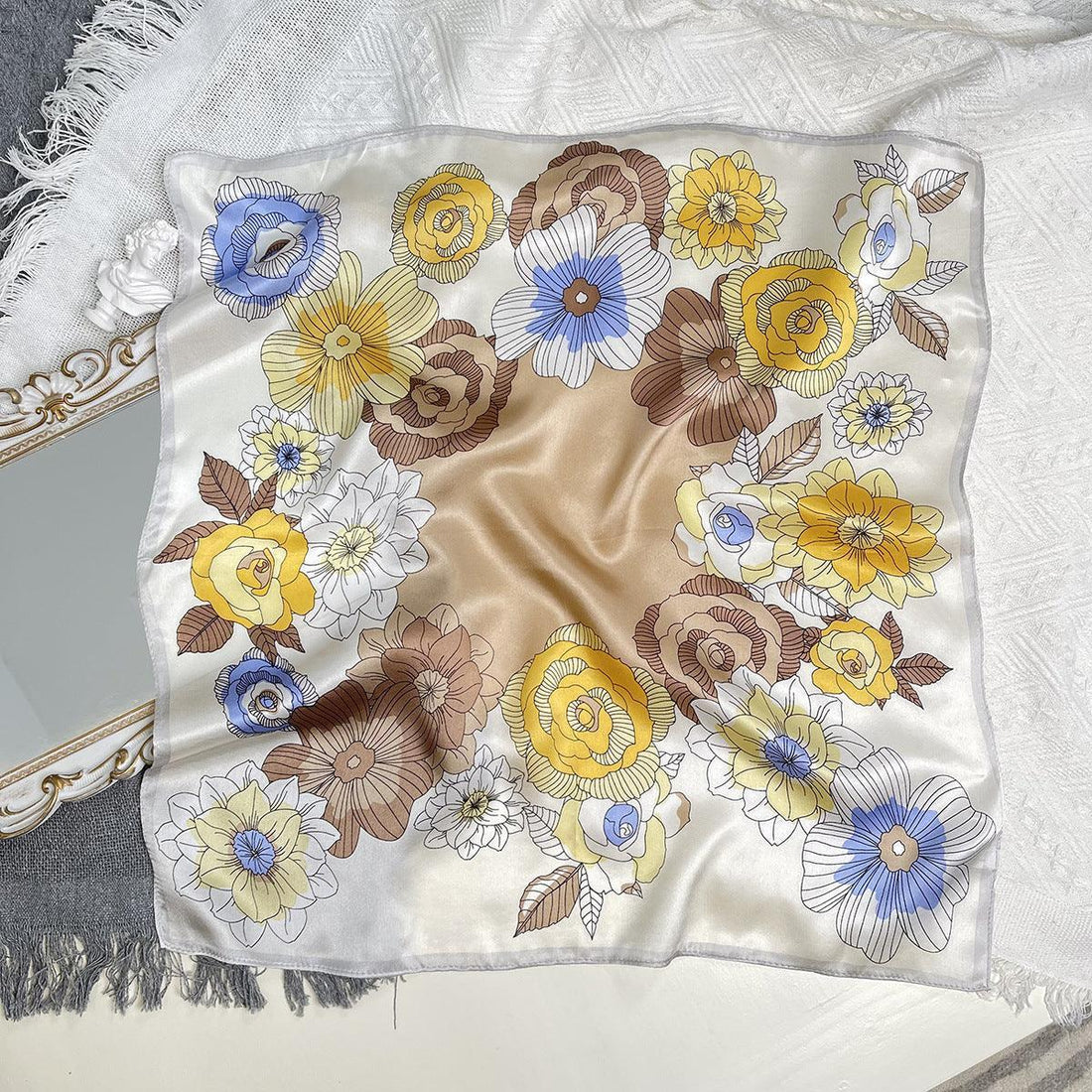 Light Color Flowers 100% mulberry Silk Scarf/Silk head scarf/Silk hair scarf/Silk neck scarf/Mother&
