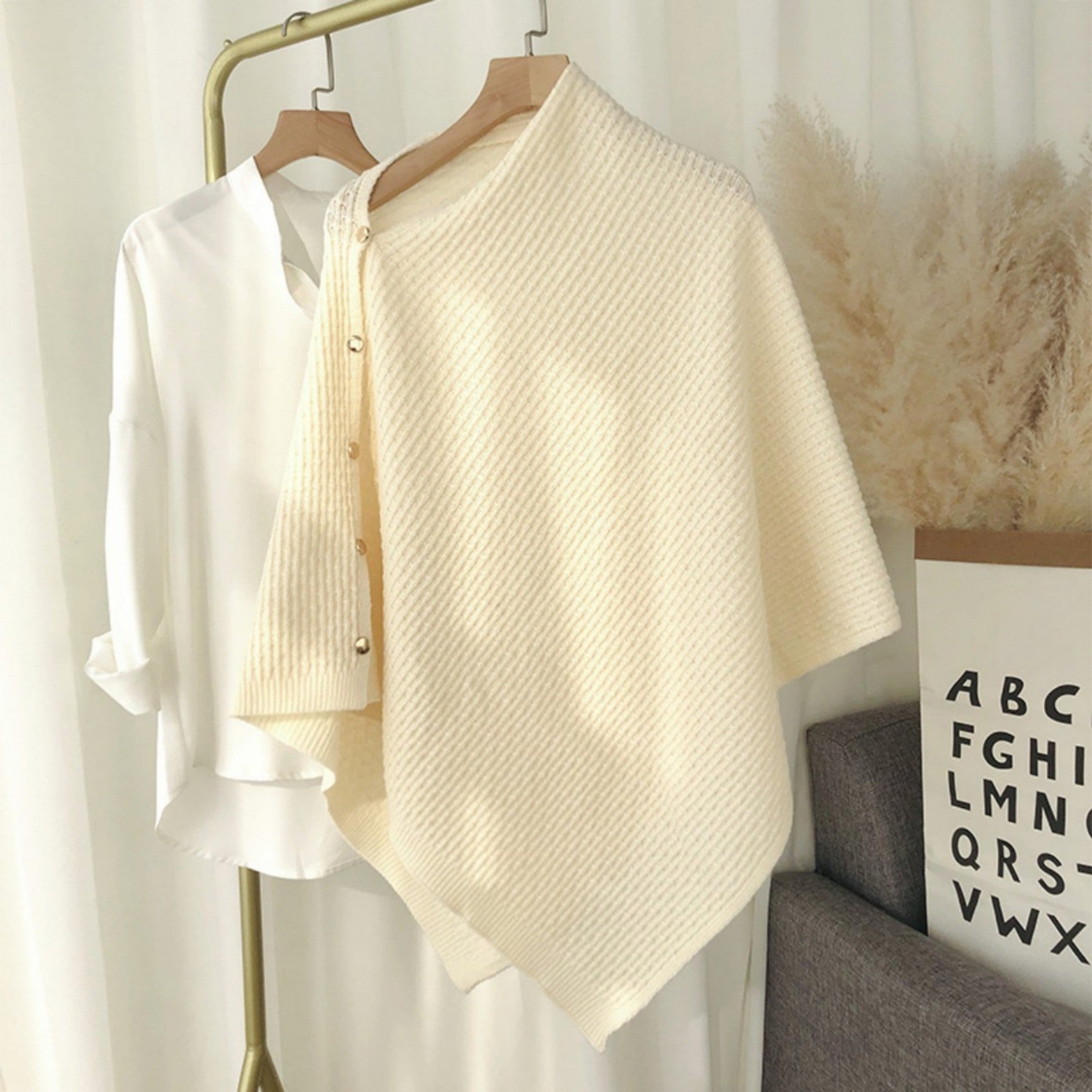 Knitted Plaid Shawl Cape with Buckle - Versatile and Warm Scarf Wrap for Women