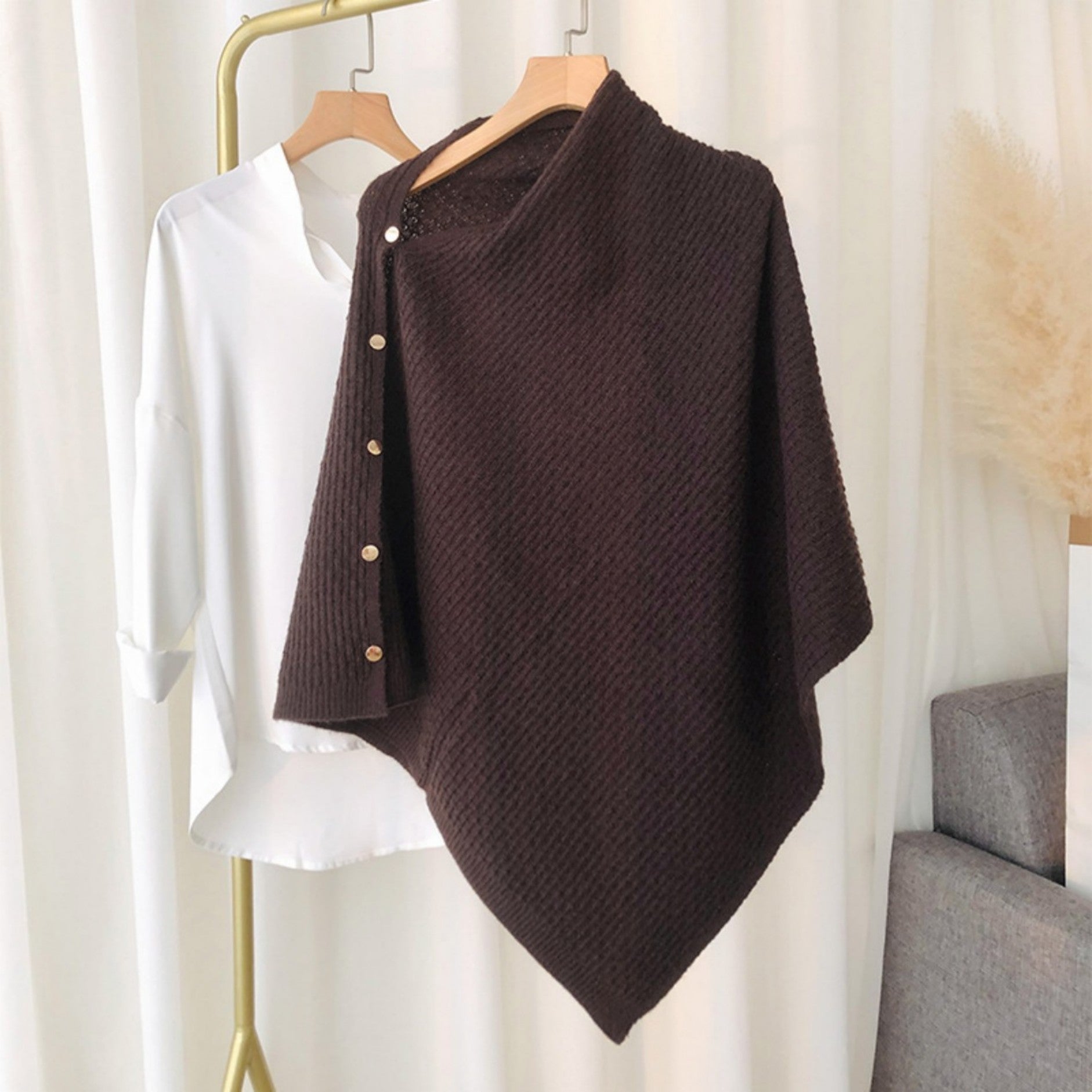 Knitted Plaid Shawl Cape with Buckle - Versatile and Warm Scarf Wrap for Women