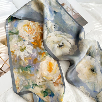 Luxury Oil Painting Rose Silk Scarf | Artistic Vintage Mulberry Silk Ribbon