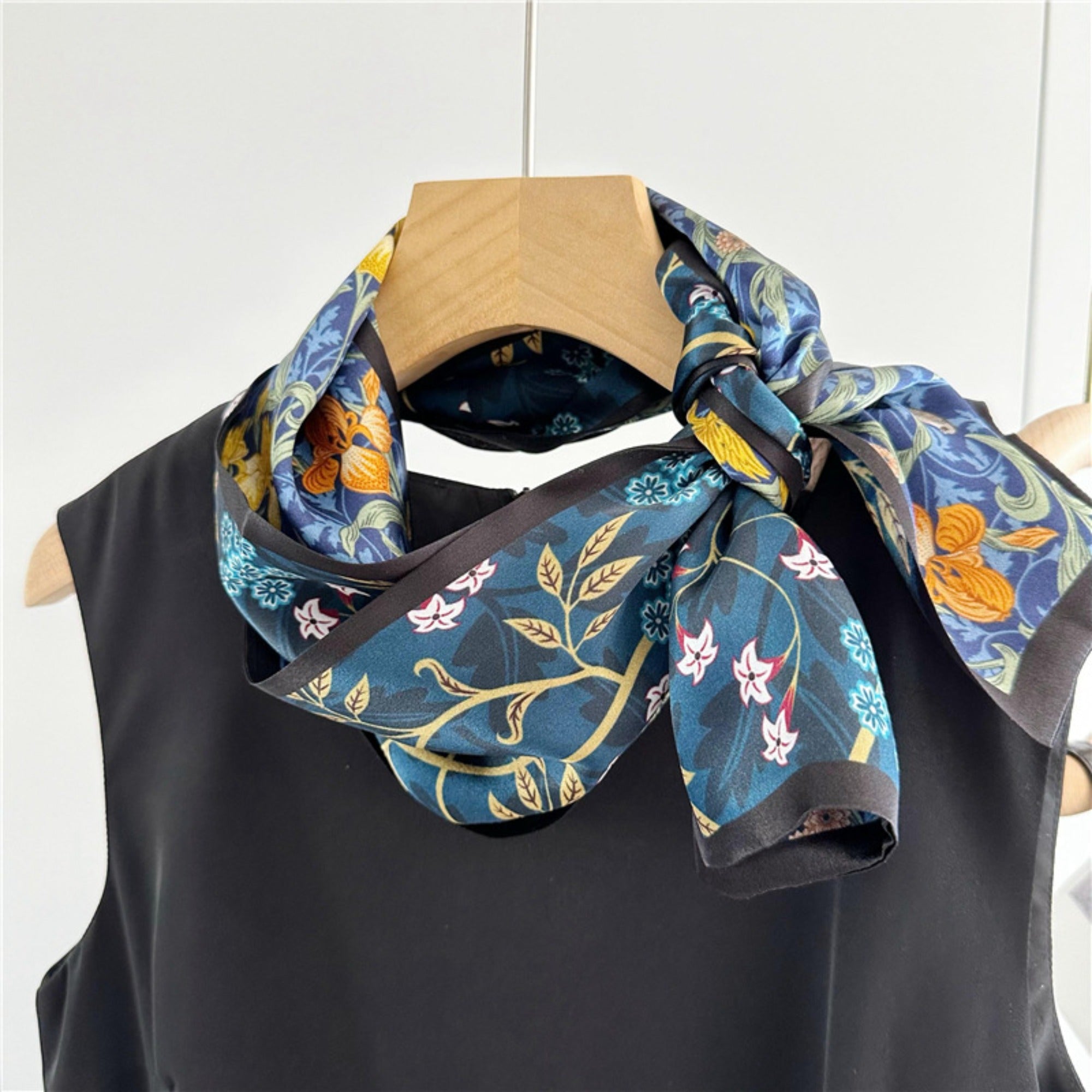 Blue Double-Sided Floral Mulberry Silk Scarf | Soft &amp; Romantic Long Ribbon