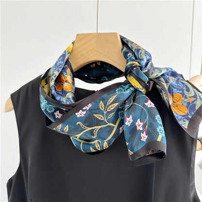Blue Double-Sided Floral Mulberry Silk Scarf | Soft &amp; Romantic Long Ribbon