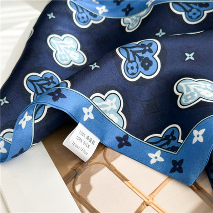 Blue Four-Leaf Clover Mulberry Silk Scarf | Lucky Charm Double-Sided Long Ribbon