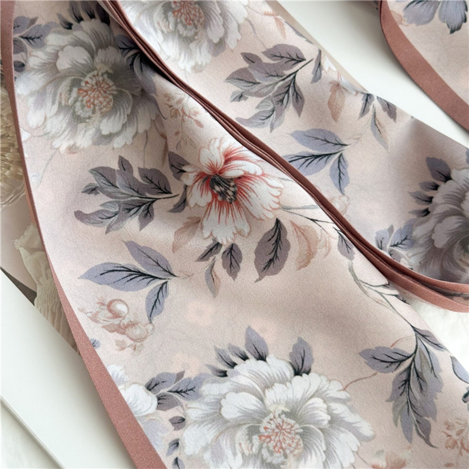 Soft Pink Floral Mulberry Silk Scarf | Romantic Tiny Blossom Long Ribbon