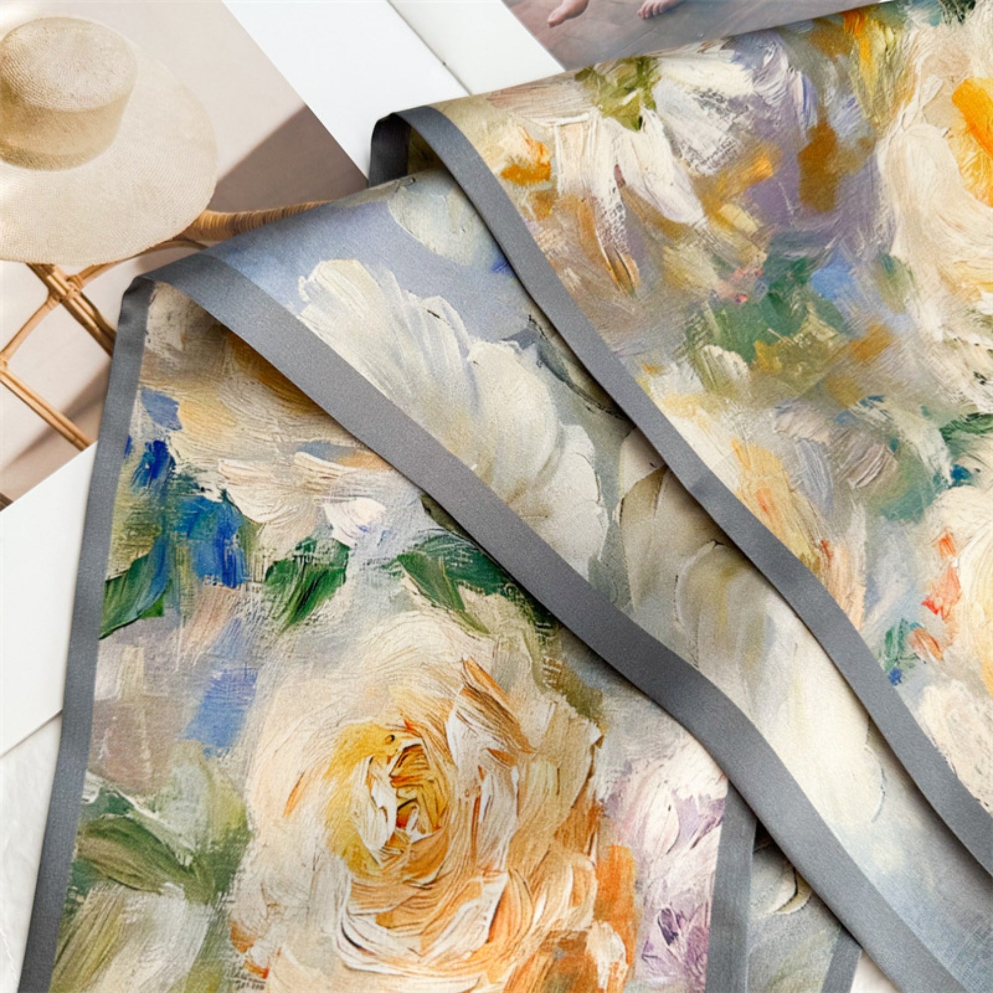 Luxury Oil Painting Rose Silk Scarf | Artistic Vintage Mulberry Silk Ribbon