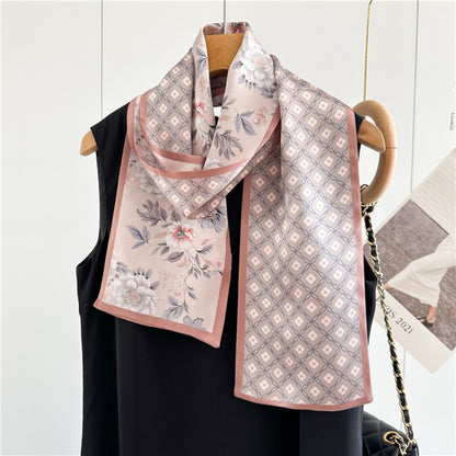 Soft Pink Floral Mulberry Silk Scarf | Romantic Tiny Blossom Long Ribbon
