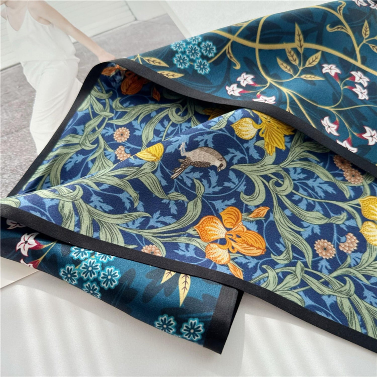 Blue Double-Sided Floral Mulberry Silk Scarf | Soft &amp; Romantic Long Ribbon