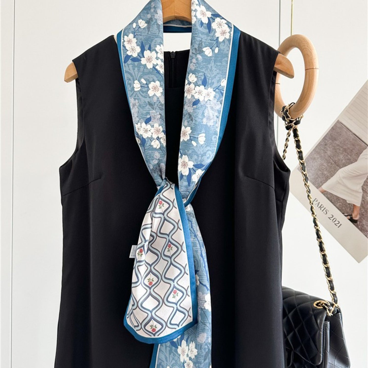 Elegant Blue Floral Plaid Silk Scarf | Graceful Checkered Mulberry Silk Ribbon