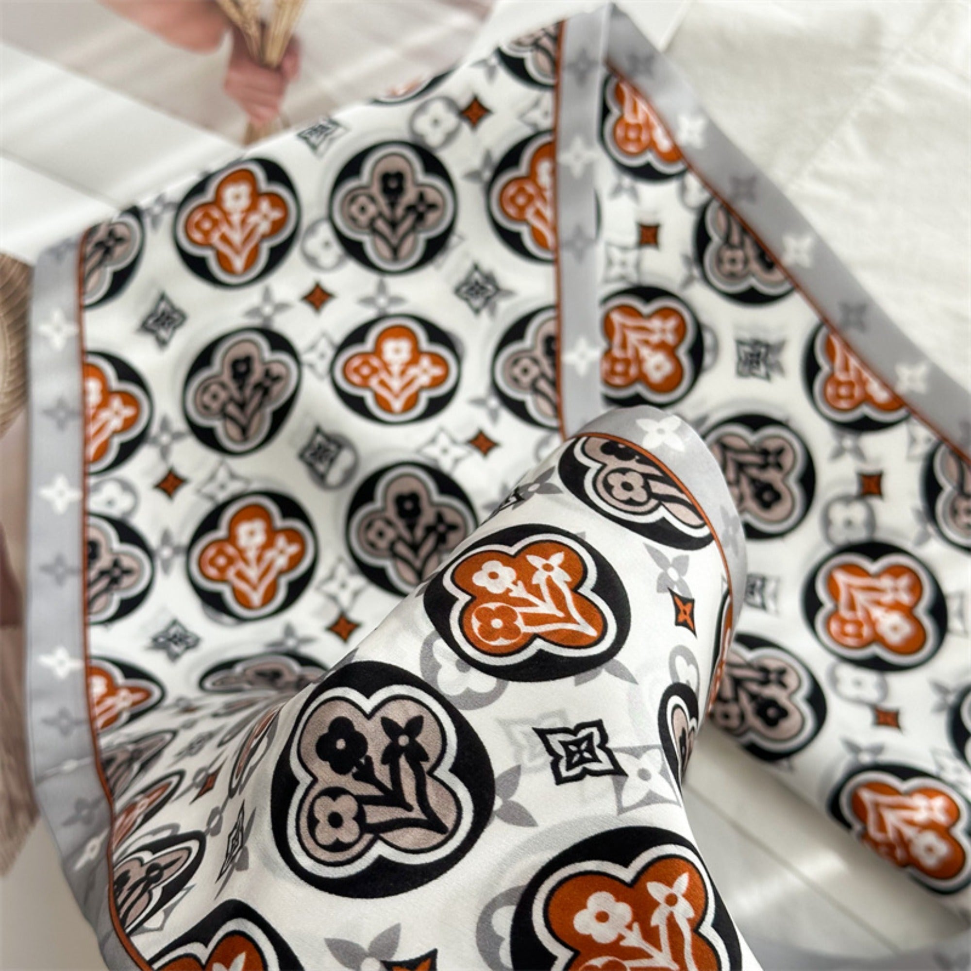 Blue Four-Leaf Clover Mulberry Silk Scarf | Lucky Charm Double-Sided Long Ribbon