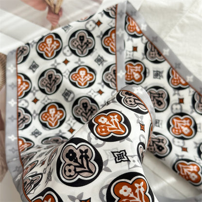 Blue Four-Leaf Clover Mulberry Silk Scarf | Lucky Charm Double-Sided Long Ribbon