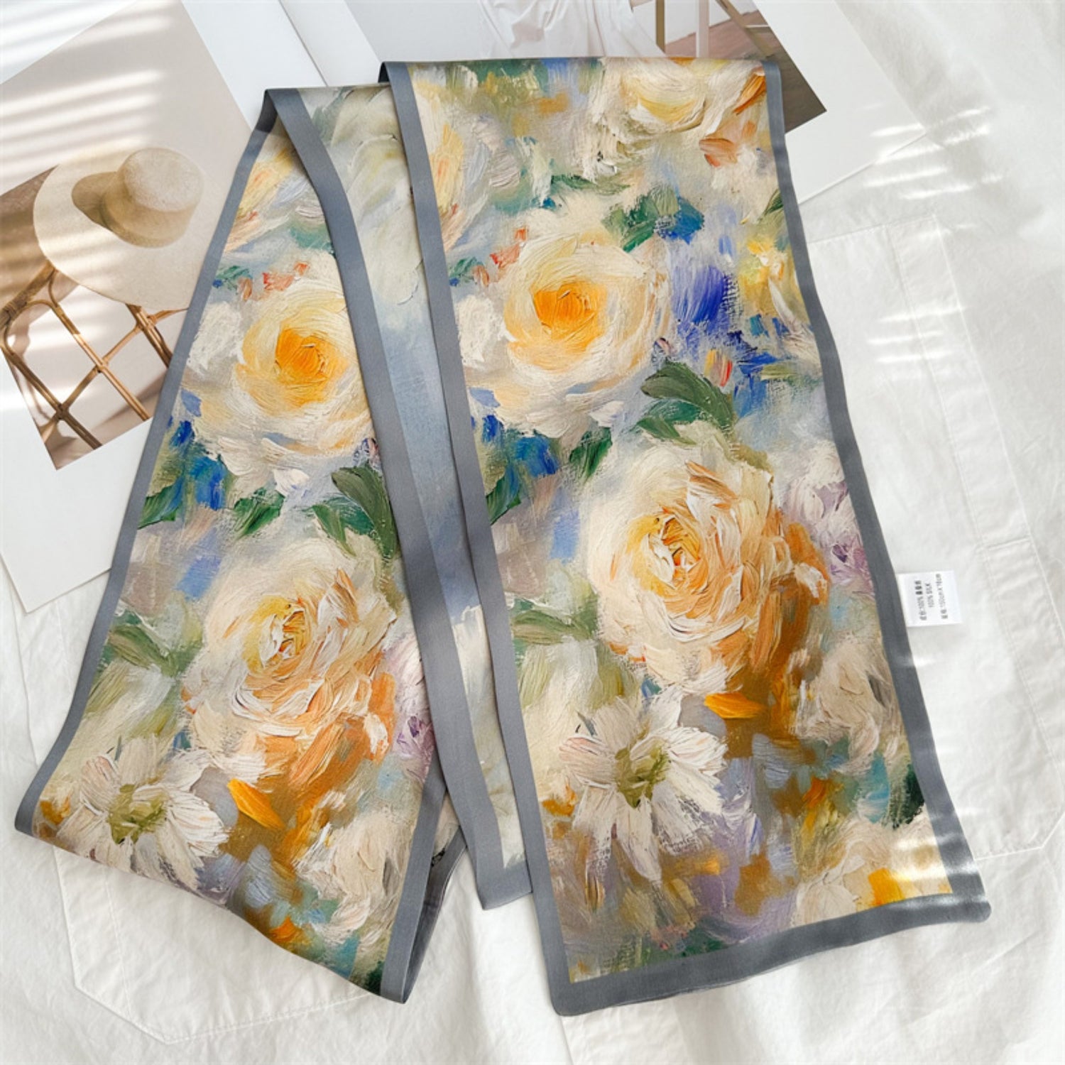 Luxury Oil Painting Rose Silk Scarf | Artistic Vintage Mulberry Silk Ribbon
