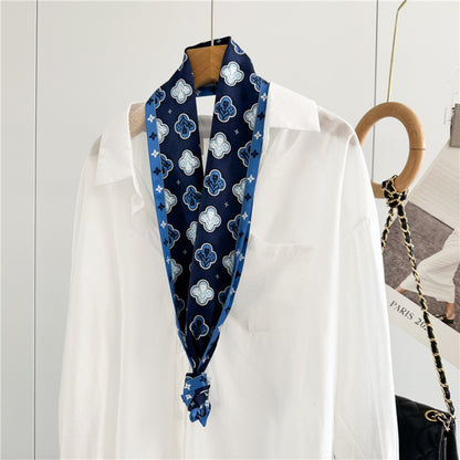Blue Four-Leaf Clover Mulberry Silk Scarf | Lucky Charm Double-Sided Long Ribbon