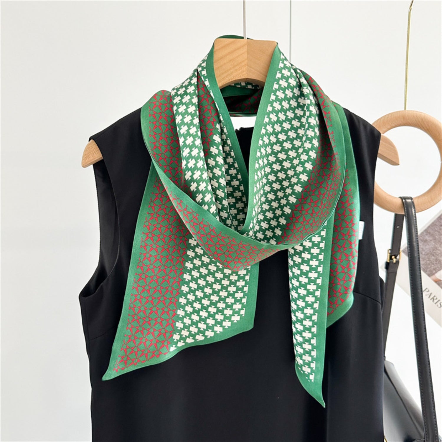 Vintage Geometric Green Mulberry Silk Scarf | Double-Sided Elegant Long Ribbon