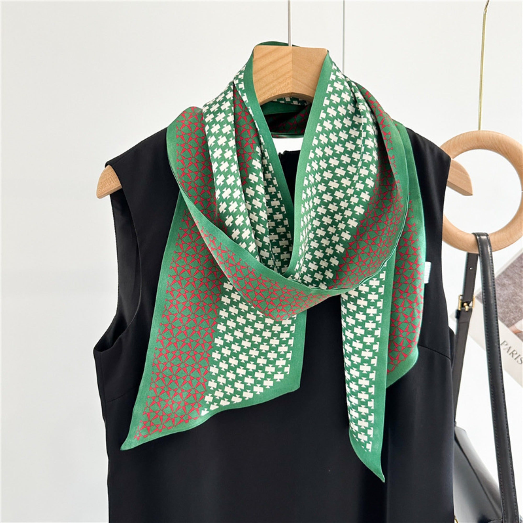 Vintage Geometric Green Mulberry Silk Scarf | Double-Sided Elegant Long Ribbon