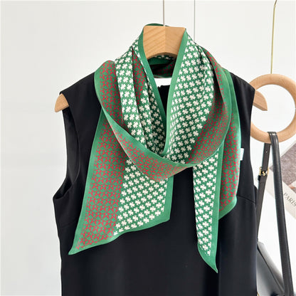 Vintage Geometric Green Mulberry Silk Scarf | Double-Sided Elegant Long Ribbon