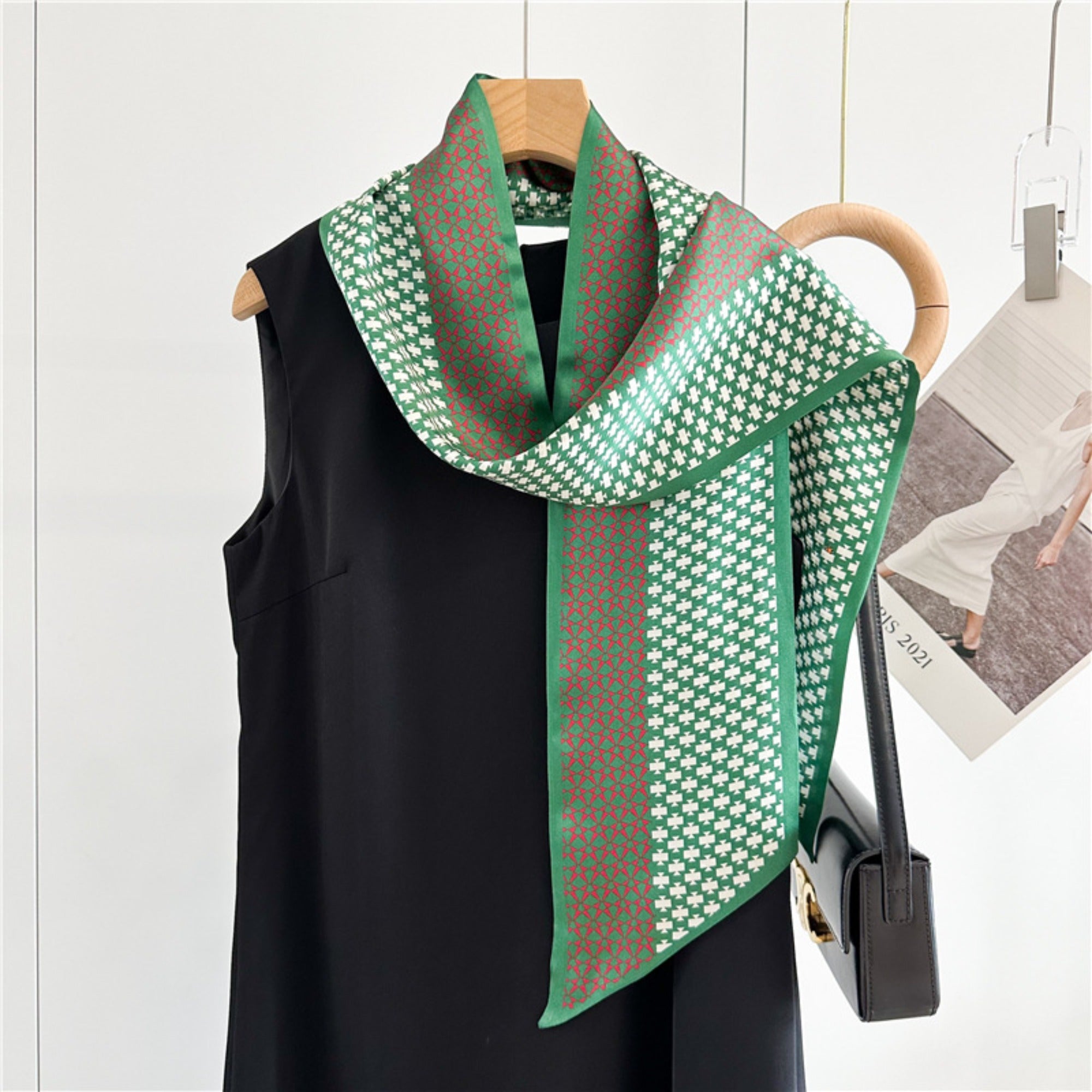 Vintage Geometric Green Mulberry Silk Scarf | Double-Sided Elegant Long Ribbon