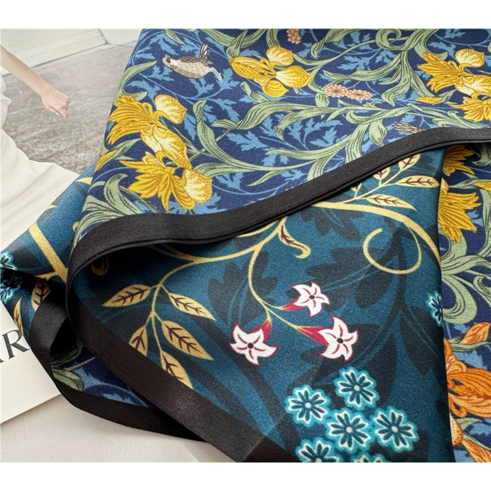 Blue Double-Sided Floral Mulberry Silk Scarf | Soft &amp; Romantic Long Ribbon