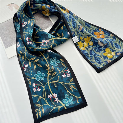Blue Double-Sided Floral Mulberry Silk Scarf | Soft &amp; Romantic Long Ribbon