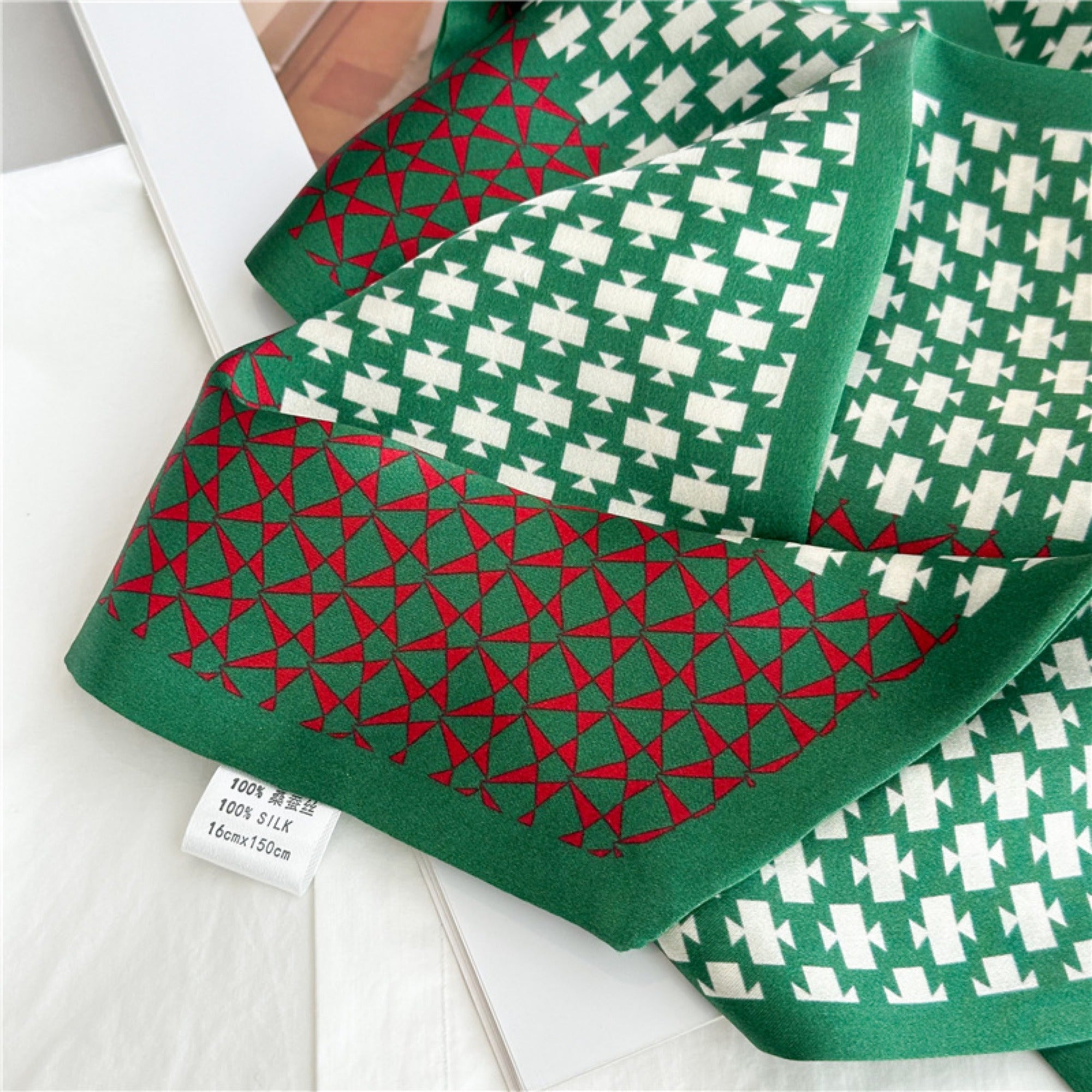 Vintage Geometric Green Mulberry Silk Scarf | Double-Sided Elegant Long Ribbon