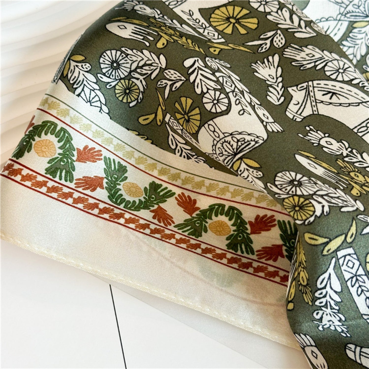 Green Equestrian Horse Print Silk Scarf | 100% Mulberry Silk 26&