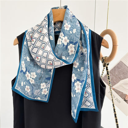 Elegant Blue Floral Plaid Silk Scarf | Graceful Checkered Mulberry Silk Ribbon