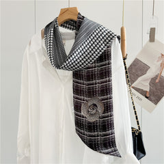 Checkered Camellia Mulberry Silk Scarf | Elegant Floral Grid Long Ribbon
