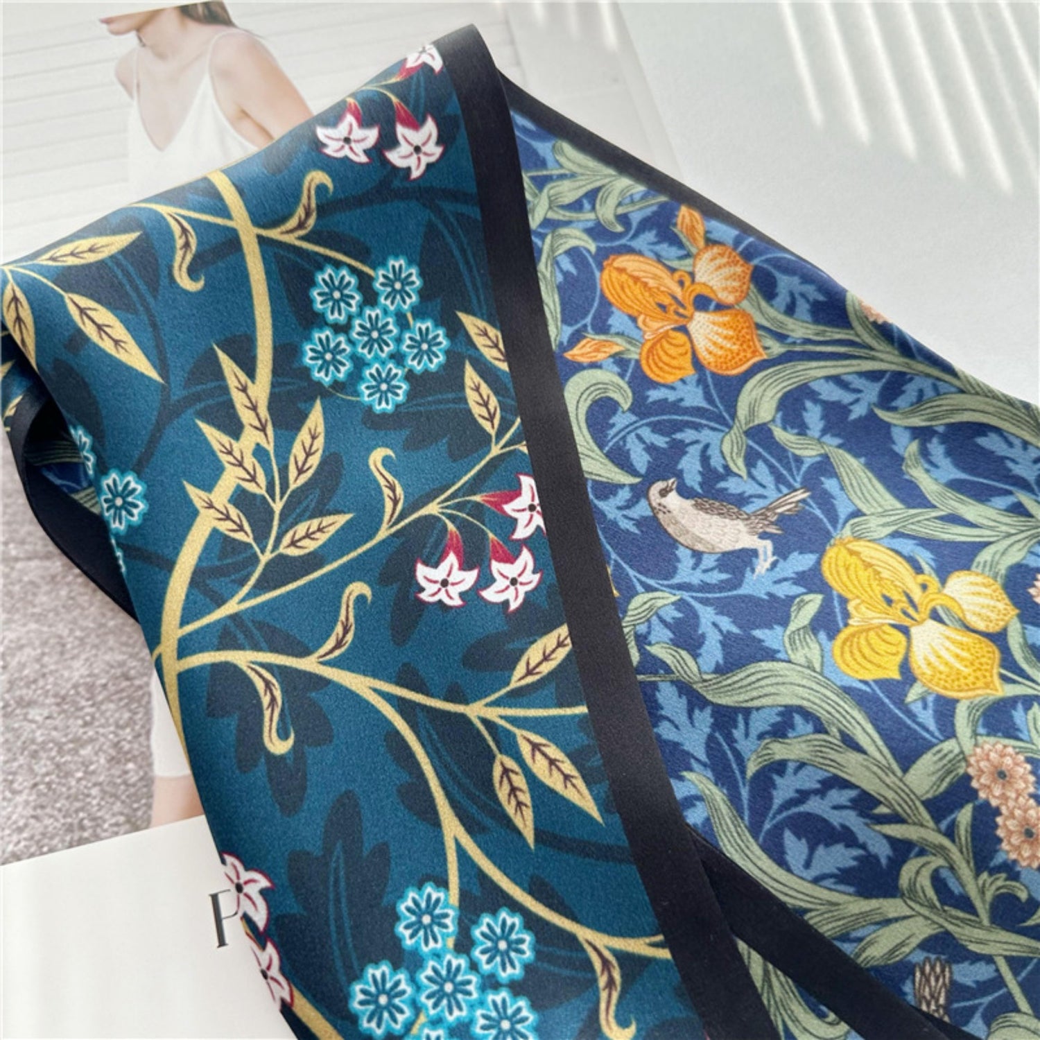 Blue Double-Sided Floral Mulberry Silk Scarf | Soft &amp; Romantic Long Ribbon
