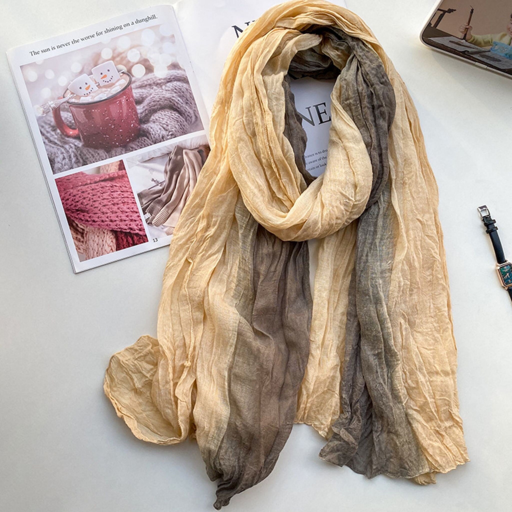 Natural Linen scarf/Tie-dye long shawl/90cm*190cm Gradient silk