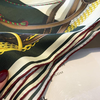 Dark Green Stallion Chain Pattern Luxurious 65cm Mulberry Silk Square Scarf/Hand-Rolled Hem/Small Neck Scarf/Gift For Her