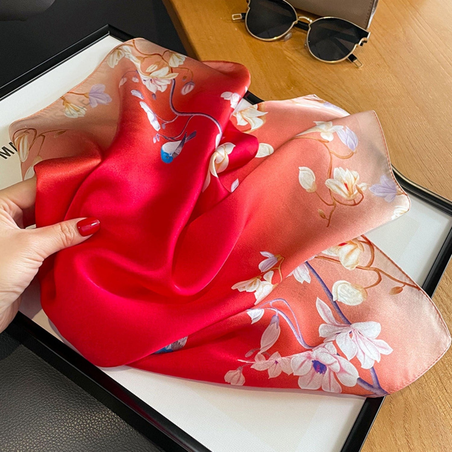 Rouge Red Flower Bird 100% mulberry Silk Scarf/Silk head scarf/Silk hair scarf/Silk neck scarf/Mother&