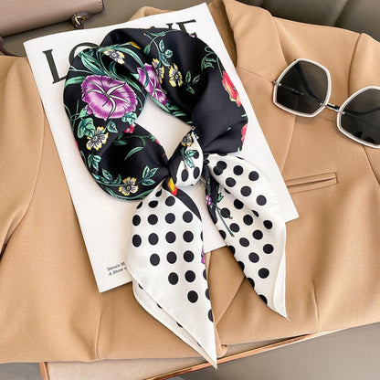 Vintage polka dots prints 70cm square scarf, Silk textured scarf, Sun protection satin scarf, Neck scarf, Satin Shawl, Gift