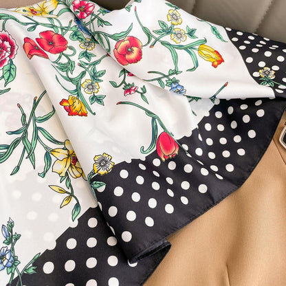 Vintage polka dots prints 70cm square scarf, Silk textured scarf, Sun protection satin scarf, Neck scarf, Satin Shawl, Gift