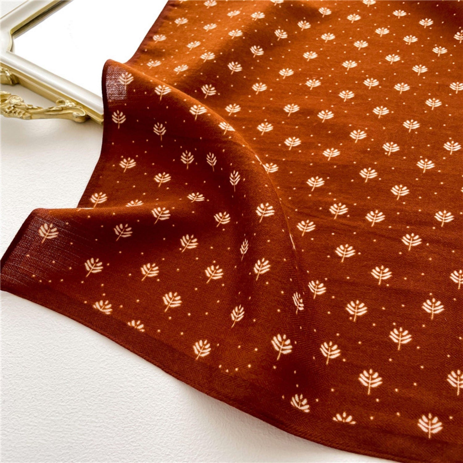 フレッシュリーフプリントスクエアスカーフ/ヘリンボーン織りスクエアスカーフ/レディースネックスカーフ/コットンリネンハンドフィーリングスカーフ/彼女へのギフト