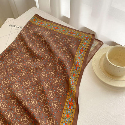 Eleganter quadratischer Schal in Kaffeefarbe/Schal mit Retro-Muster aus Baumwolle und Leinen/Kopftuch für Frauen/Perfektes Geschenk für Sie