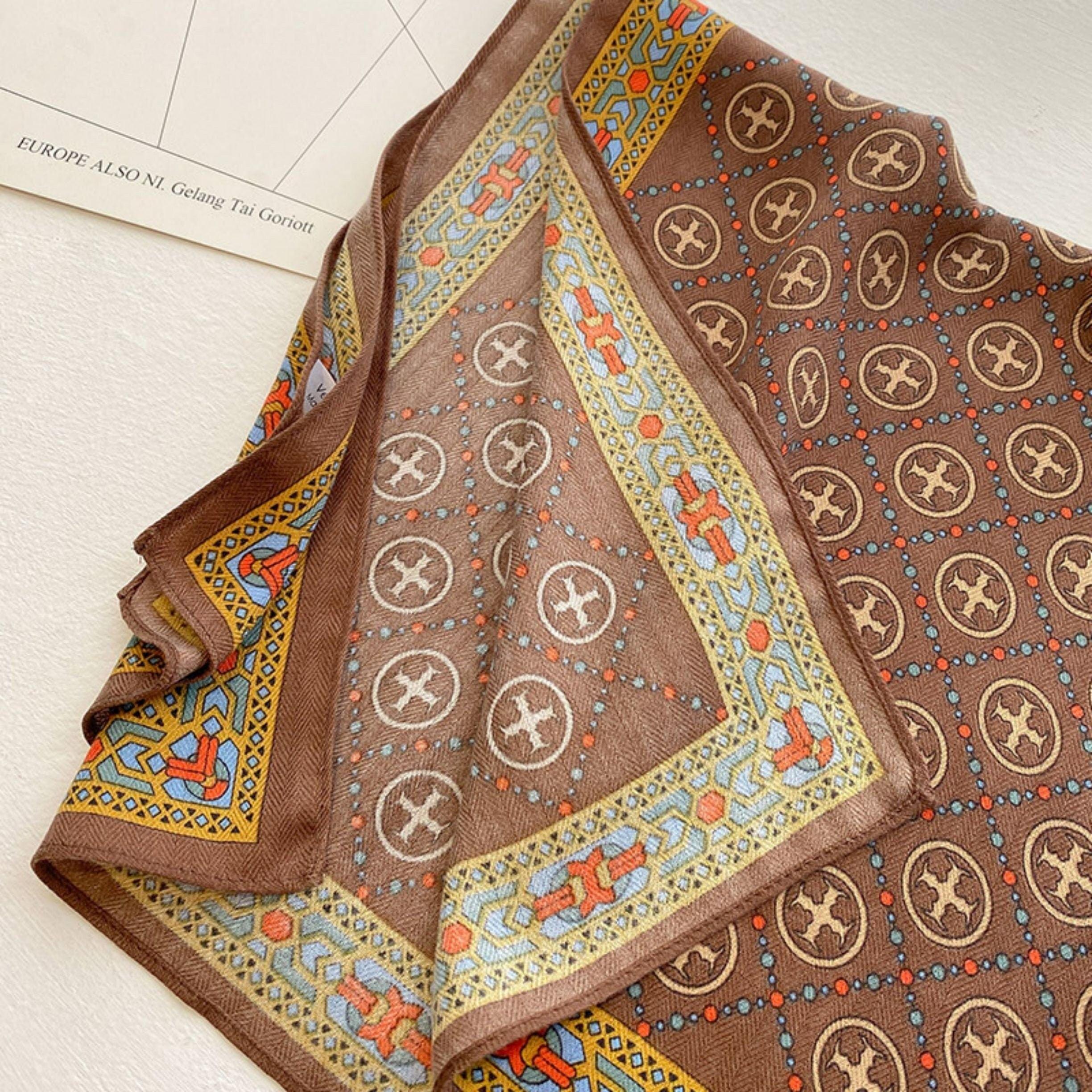 Eleganter quadratischer Schal in Kaffeefarbe/Schal mit Retro-Muster aus Baumwolle und Leinen/Kopftuch für Frauen/Perfektes Geschenk für Sie