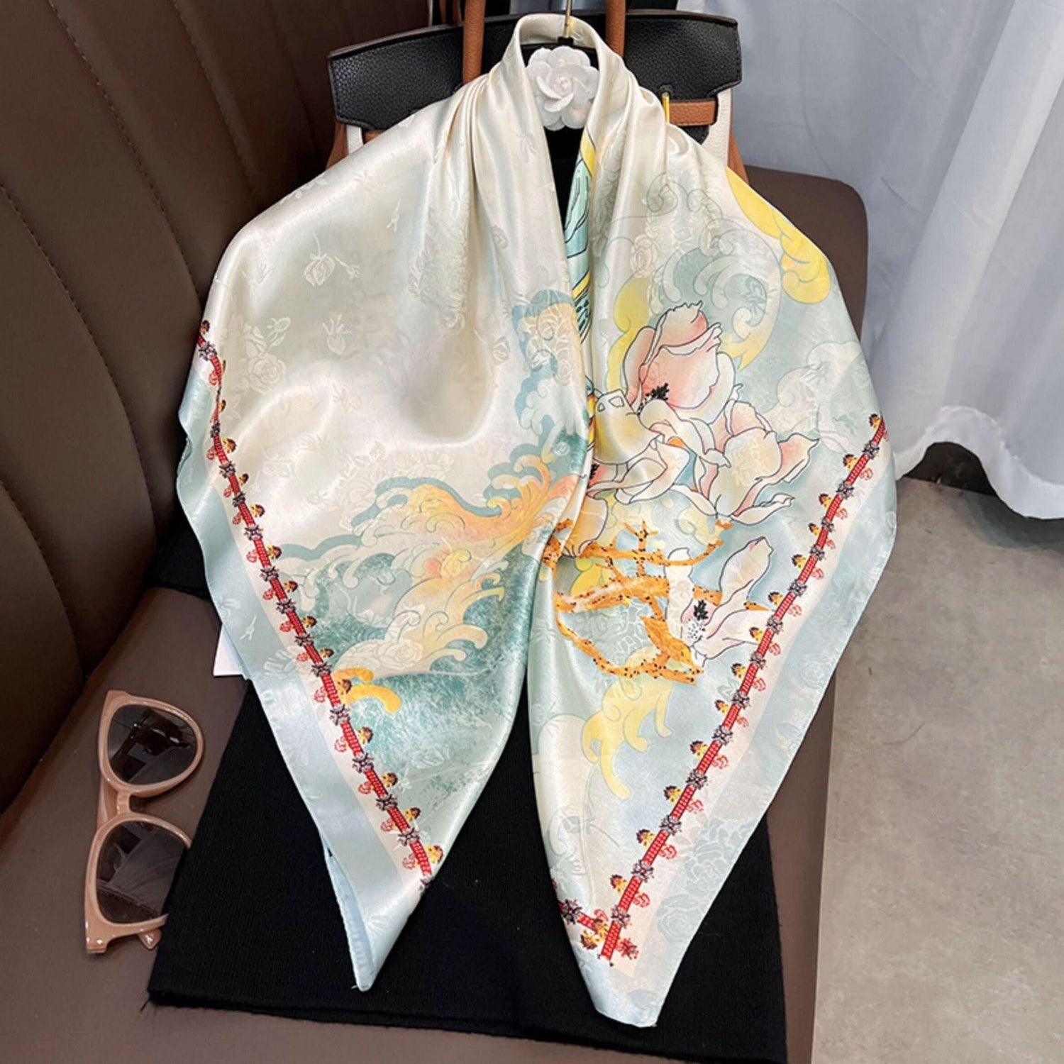 Pink Flora Chic Large Satin Scarf | 90x90cm Bandana | Twill Satin Shawl | Perfect Gift for Her, Mother&