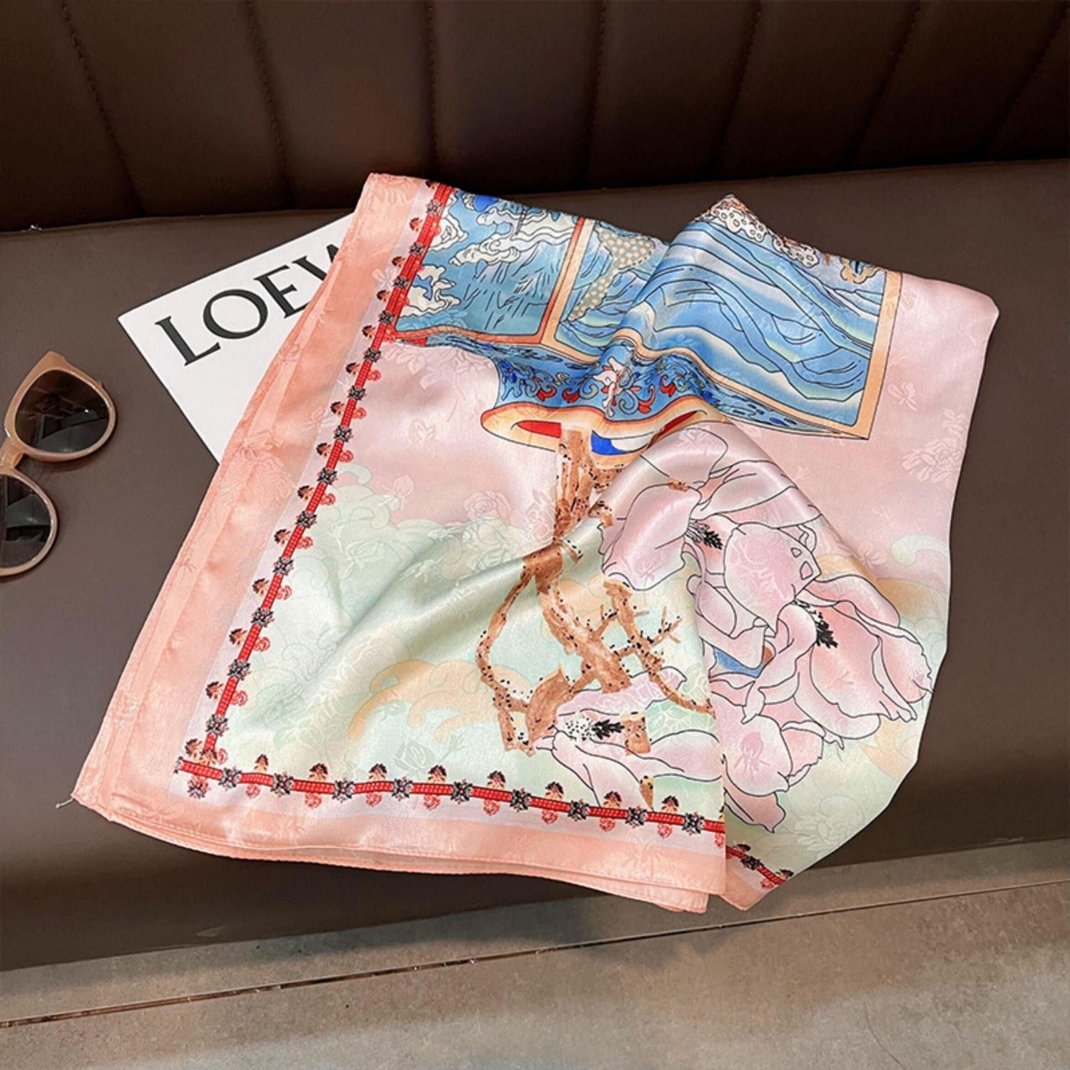 Pink Flora Chic Large Satin Scarf | 90x90cm Bandana | Twill Satin Shawl | Perfect Gift for Her, Mother&