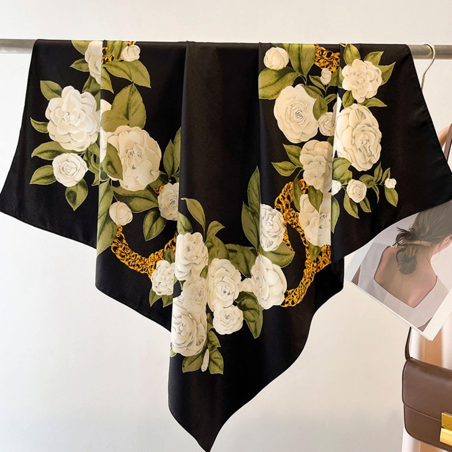 Japanese Rose Pattern Chic Large Satin Scarf | 90x90cm Bandana | Twill Satin Shawl | Perfect Gift for Her, Mother&