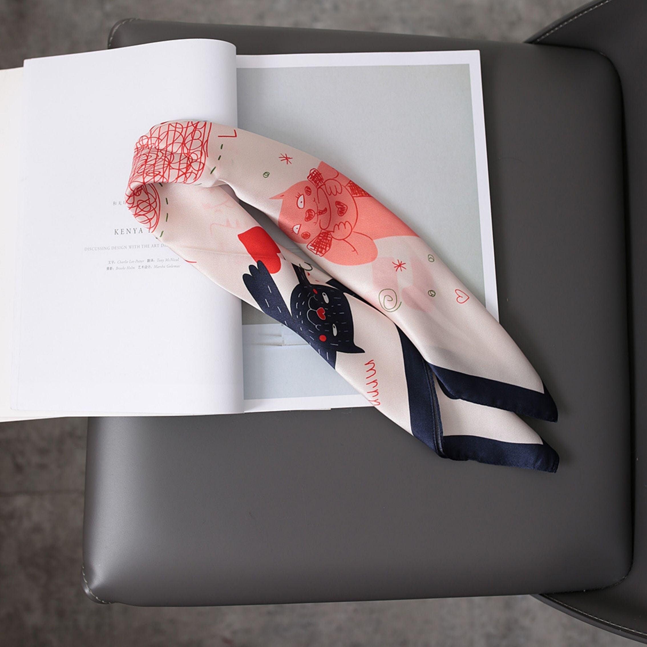 Pink Cat Pattern 100% mulberry Silk Scarf/Silk head scarf/Silk hair scarf/Silk neck scarf/Mother&